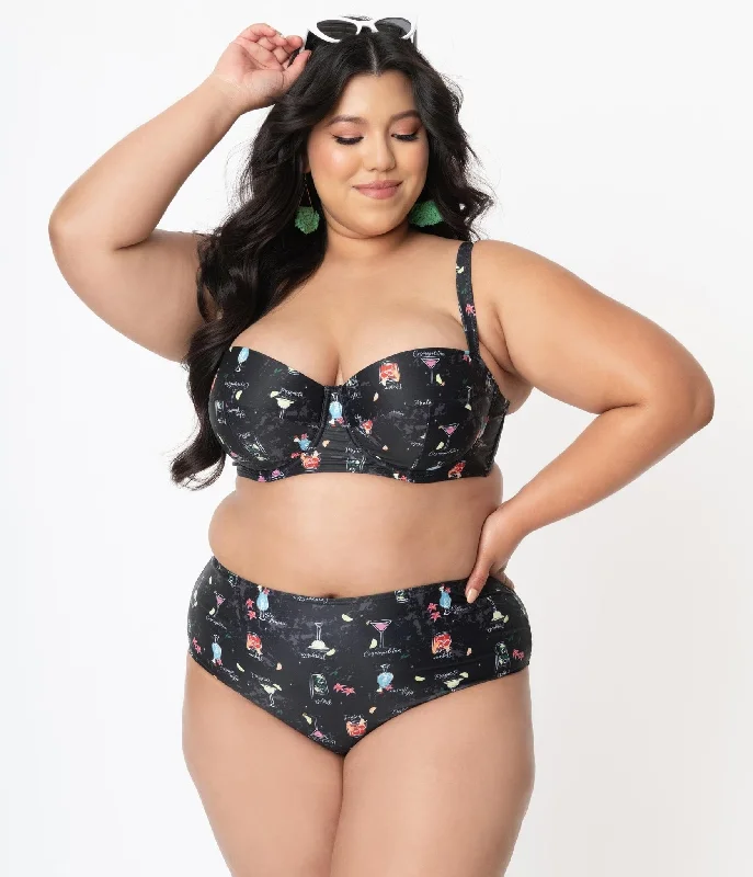 Collectif Plus Size Black & Cocktail Menu Print Swim Bottom