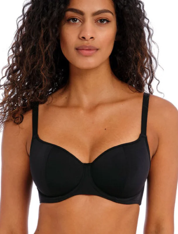 Freya Jewel Cove Underwire Sweetheart Padded Bikini Top, Plain Black | Black Padded Bikini Tops | Freya Underwire Bikini