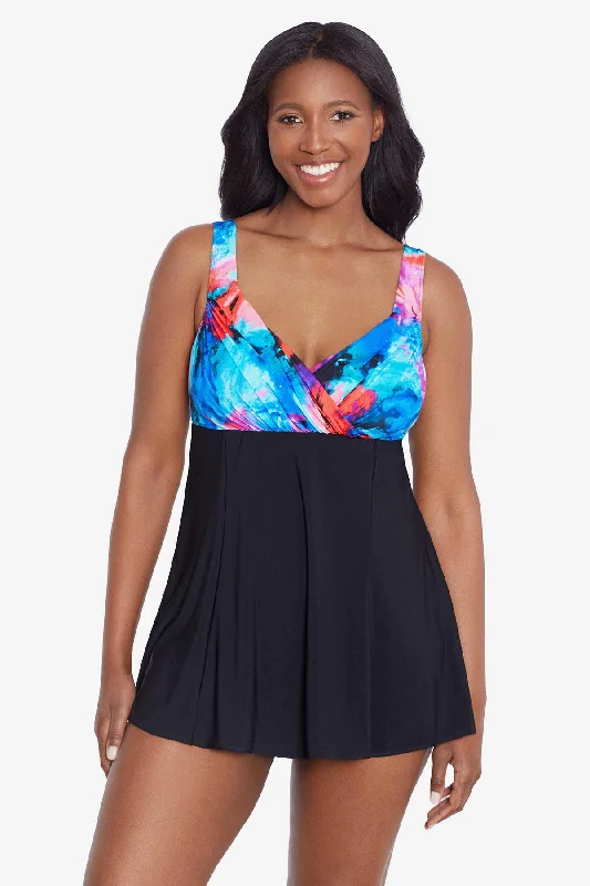 Crossover Draped Long Torso Swim Dress Paint Trip