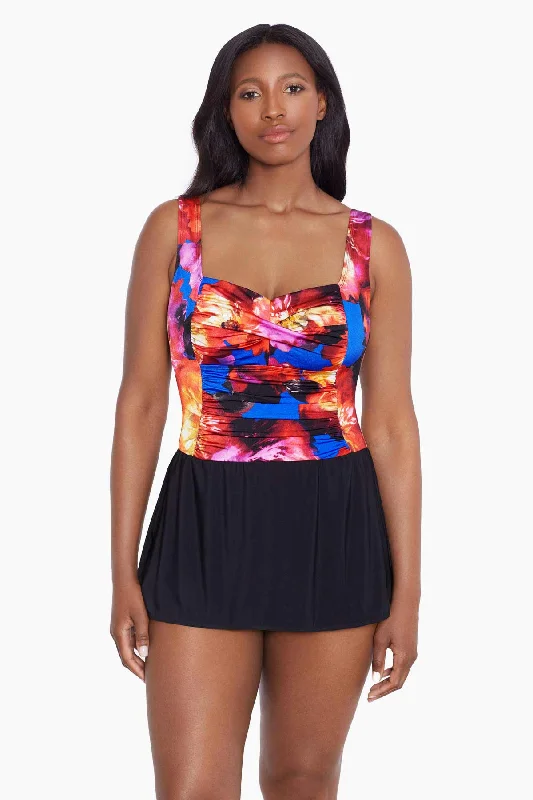 Twist Shirred Long Torso Swim Dress Les Fleurs