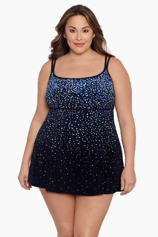 Plus Size Empire Princess Seam Long Torso Swim Dress Rainbow Sprinkles