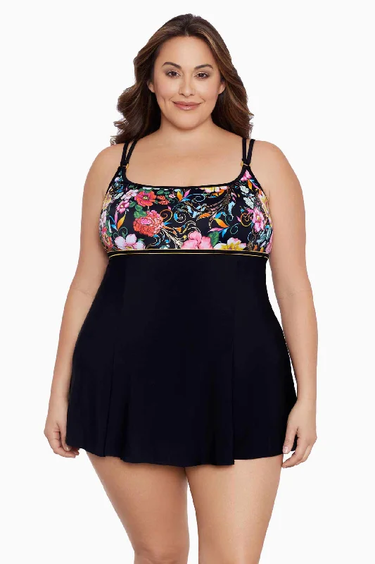 Plus Size Empire Princess Seam Long Torso Swim Dress W/ Hardware True Romance