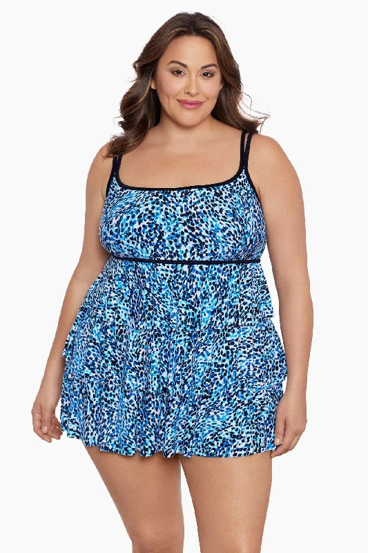 Plus Size Triple Tier Long Torso Swim Dress Spotty Skin