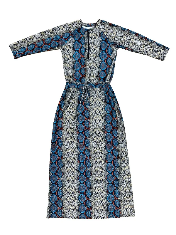 Blue Snakeskin Half Zip Maxi Drawstring Swim Dress