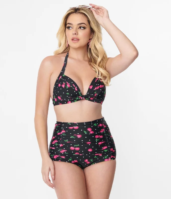 Unique Vintage Black & Hot Pink Cherry Pin Dot Monroe Swim Top