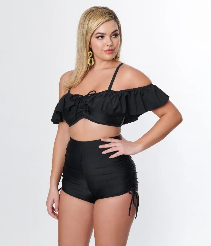 Unique Vintage Black Pull Tie Swim Shorts