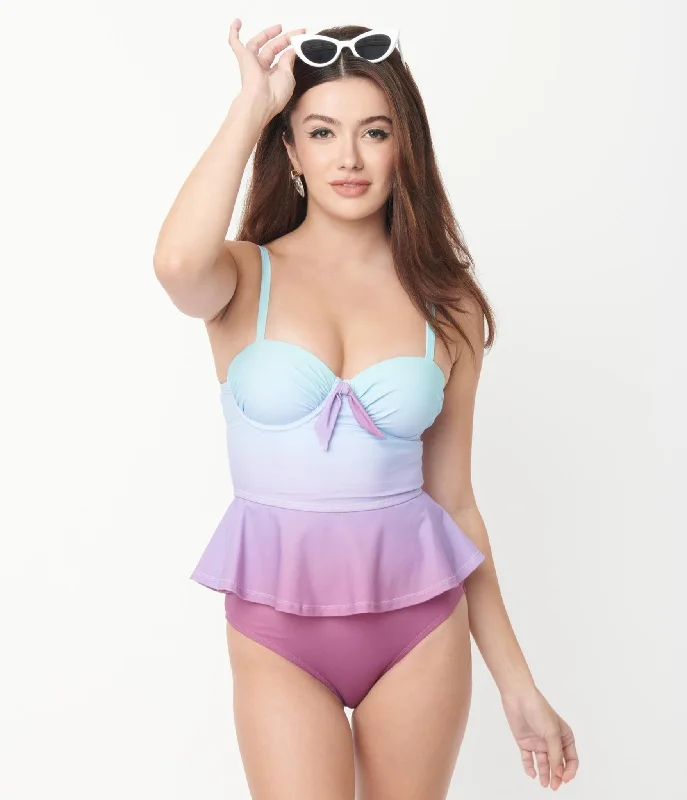 Unique Vintage Blue & Purple Ombre Peplum Solana Tankini Swim Top