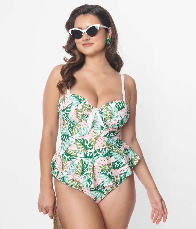 Unique Vintage Green & Pink Monstera Leaf Daphne Swim Bottoms