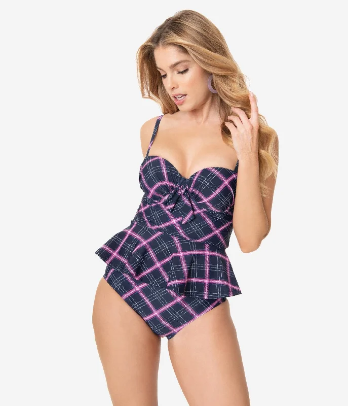 Unique Vintage Navy & Pink Plaid Daphne Swim Bottoms