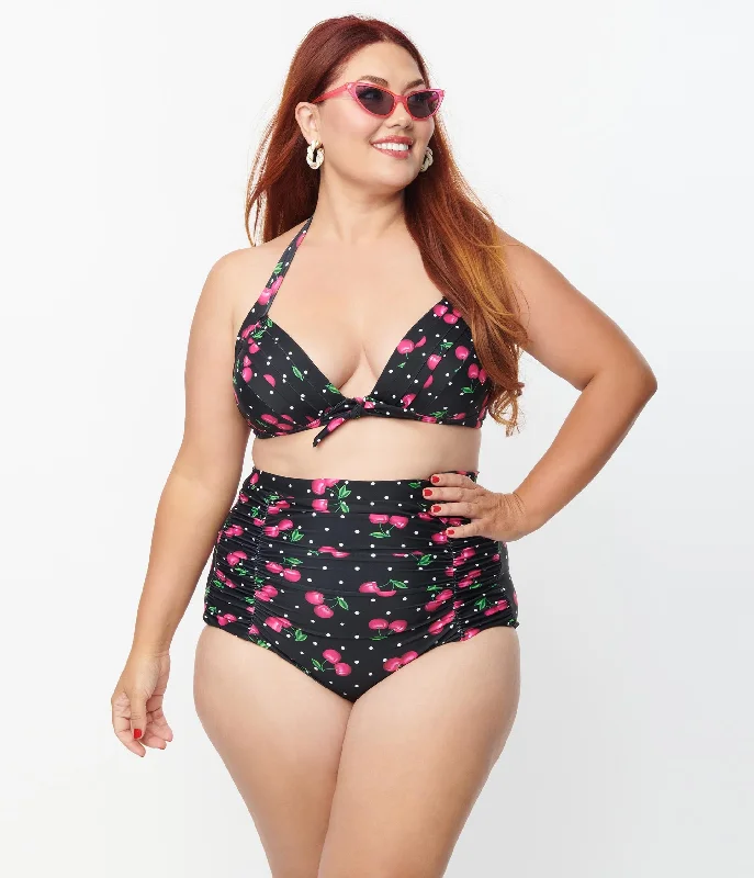 Unique Vintage Plus Size 1950s Black & Hot Pink Cherry Pin Dot Monroe Swim Bottom