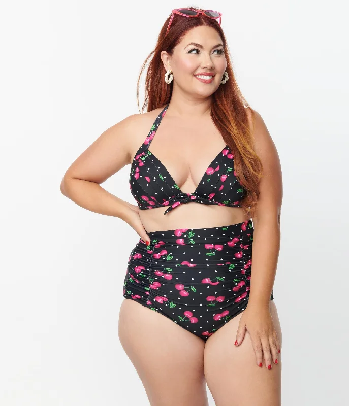 Unique Vintage Plus Size Black & Hot Pink Cherry Pin Dot Monroe Swim Top