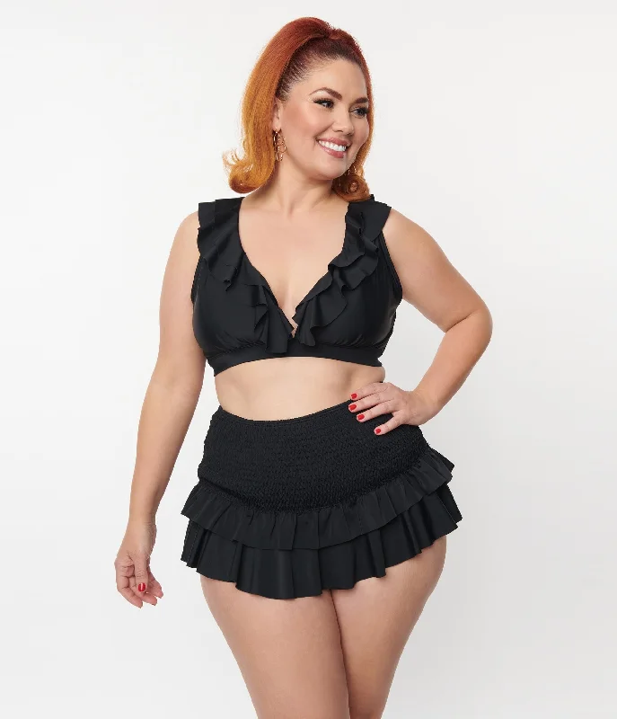 Unique Vintage Plus Size Black Ruffle Halter Swim Top