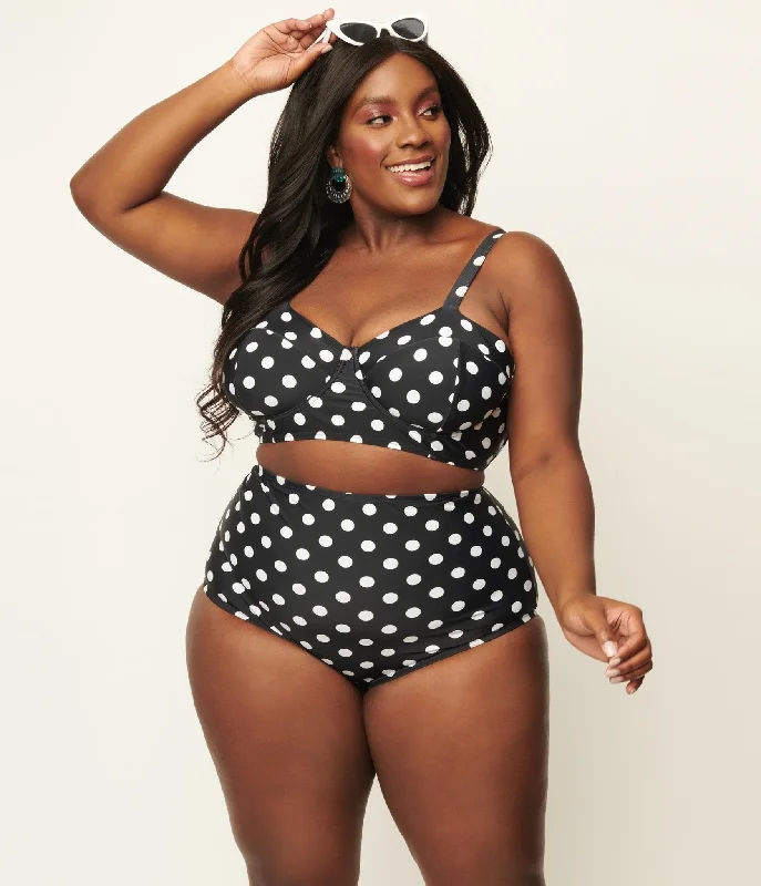 Unique Vintage Plus Size Black & White Polka Dot High Waist Louise Swim Bottoms