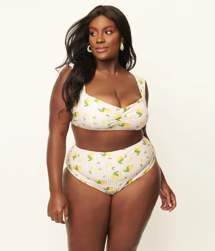 Unique Vintage Plus Size Light Pink Stripes & Lemons Ruched & Ready Swim Top