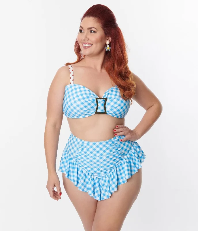 Unique Vintage Plus Size Blue Gingham Buckle Swim Top