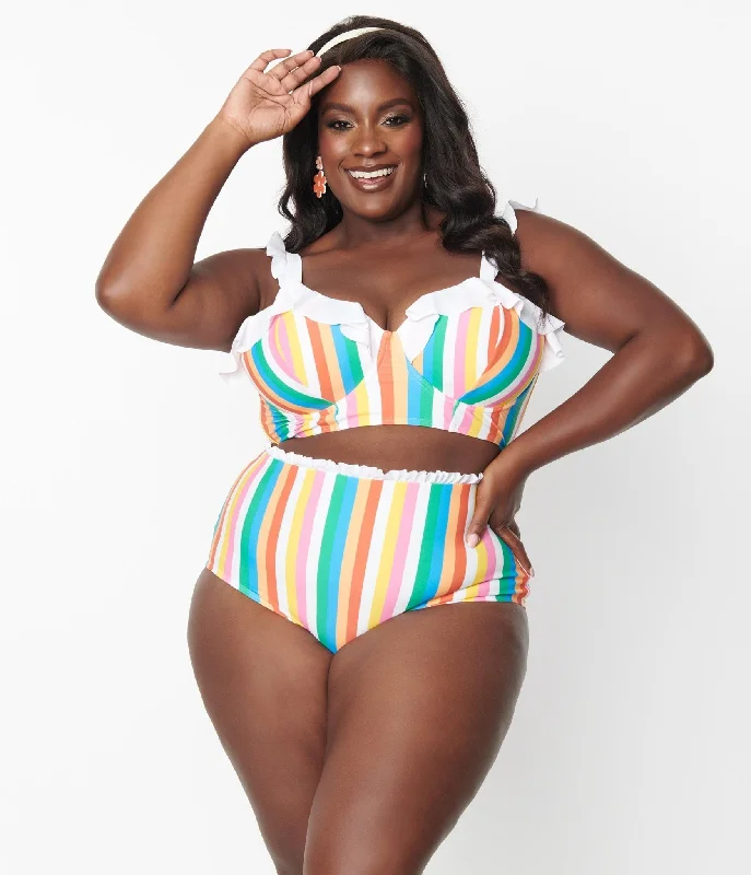 Unique Vintage Plus Size Rainbow Striped Cape May Swim Bottoms