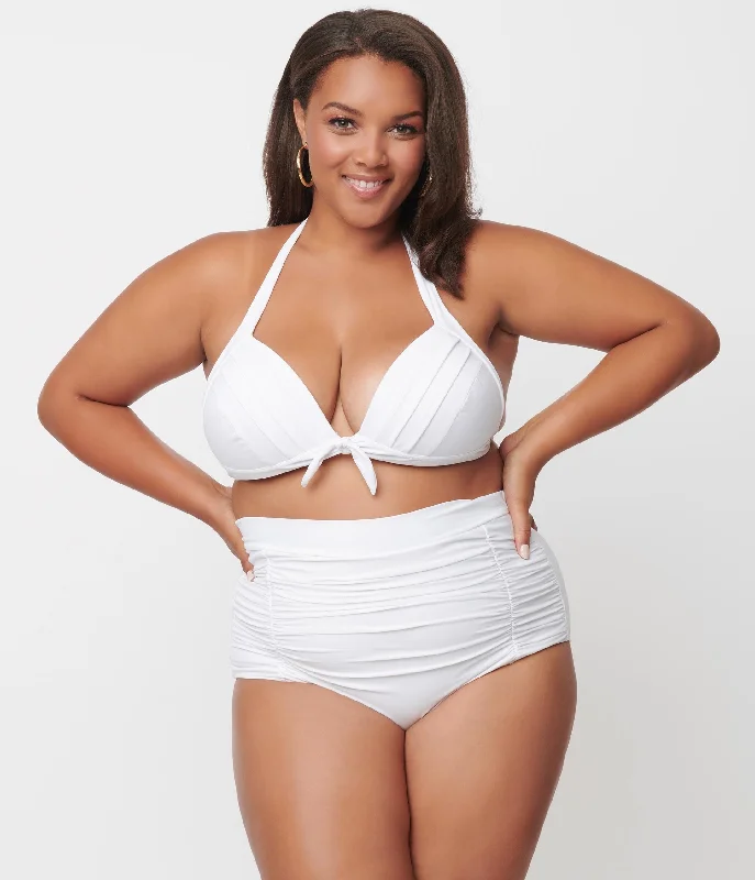 Unique Vintage Plus Size Solid White Monroe Halter Swim Top