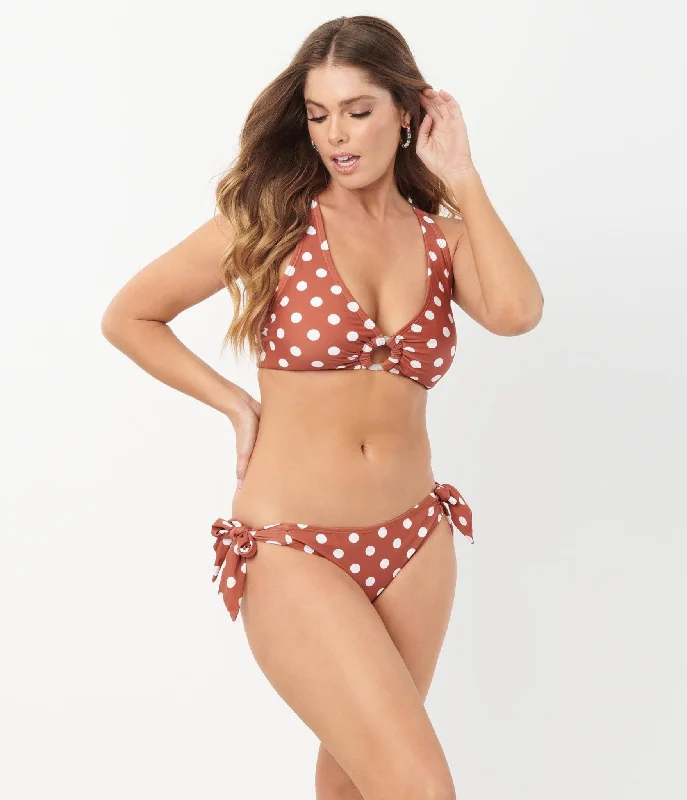 Unique Vintage 1970s Rust & White Dot Sweet & Sash-y Swim Bottom