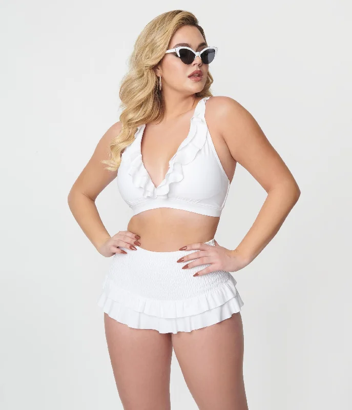 Unique Vintage White Shirred Skirt Swim Bottom