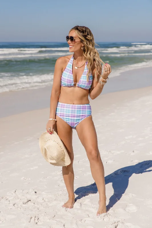 Tidal Treasure In Tori Plaid High Waisted Bikini Bottoms Tori X Pink Lily