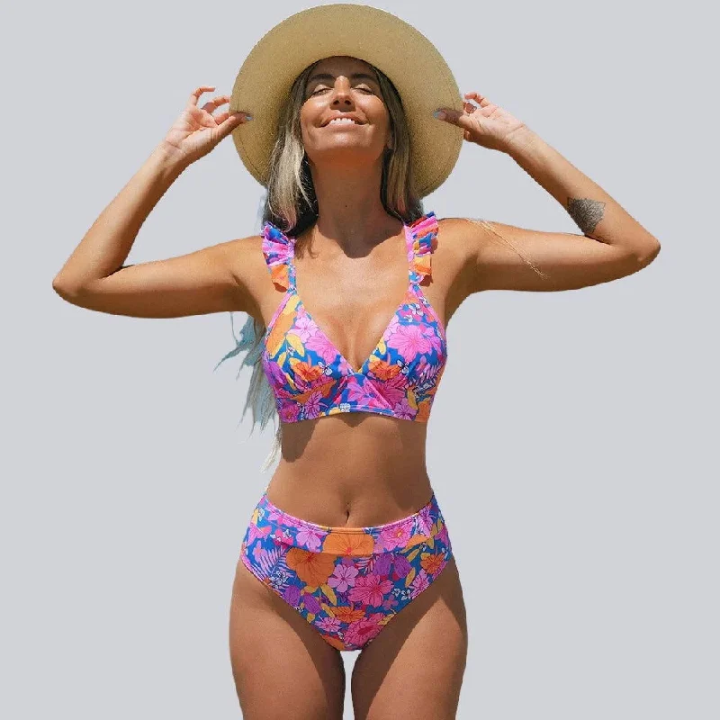 V-neck Ruffled High Waist Bikini Two Piece