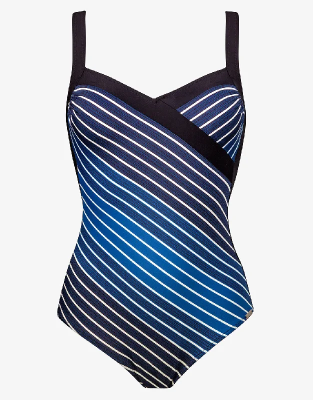 Blue Illusion Cross Front Swimsuit - Blue and White