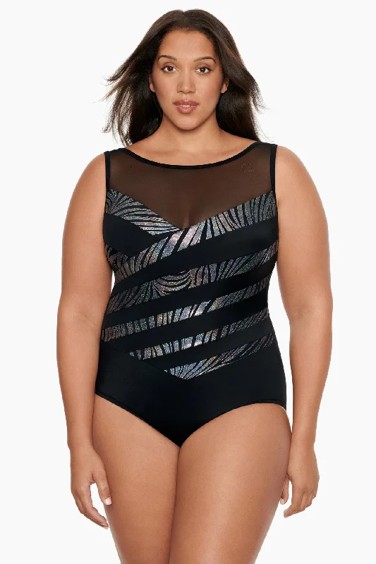 Plus Size Mesh Highneck Long Torso One Piece Swimsuit Party Animal