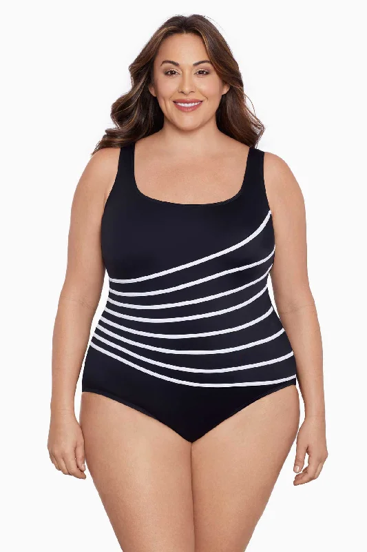 Plus Size 8 Overlay Fan Tank Long Torso One Piece Swimsuit Block It Up