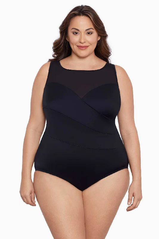 Plus Size Mesh Highneck Long Torso One Piece Swimsuit Night Gala