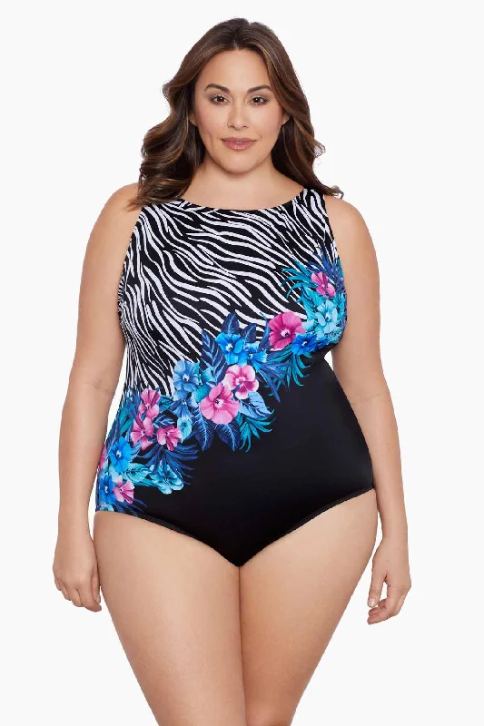 Plus Size Panel Scoopback Highneck Tank Long Torso One Piece Swimsuit Glamour Floral