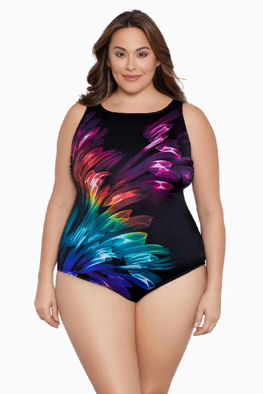 Plus Size Panel Scoopback Highneck Tank Long Torso One Piece Swimsuit Hard Candy