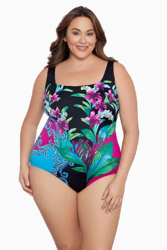 Plus Size Panel Scoopneck Tank Long Torso One Piece Swimsuit Hidden Wild