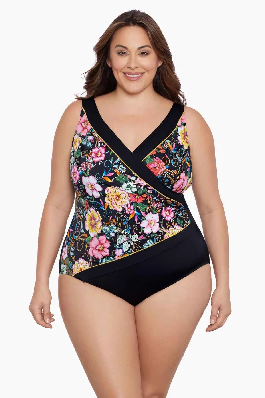 Plus Size Piped Side Shirred Surplice Long Torso One Piece Swimsuit True Romance