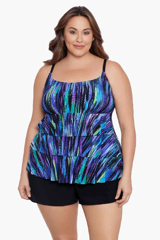 Plus Size Ruffle Faux Shortini W/ Pockets Long Torso One Piece Swimsuit Brilliant Streaks