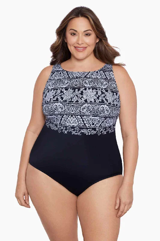 Plus Size Scoopback Highneck Tank Long Torso One Piece Swimsuit Night Seas