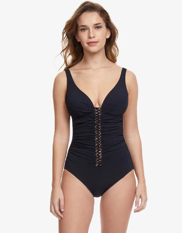 Profile Twist D Cup Plunge V Neck Swimsuit - Black