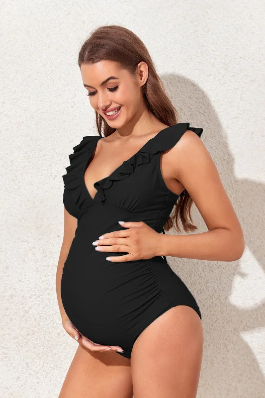 Ruffled One Piece Maternity Swimsuit With Lace-Up Back Plus Size