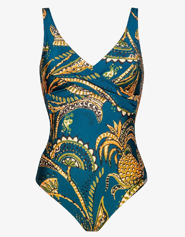 Satin Fruits Wrap Front Swimsuit - Ocean Pineapple