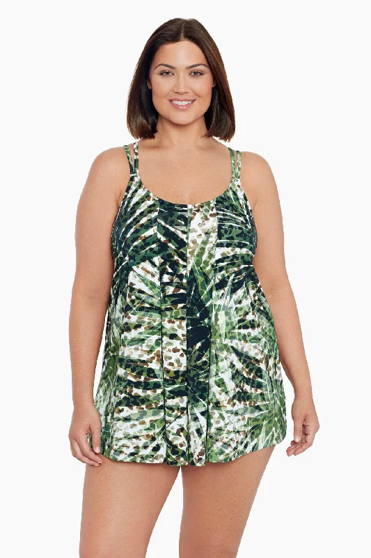 Plus Size Pleated Front One Piece Swim Dress Wild Leaf