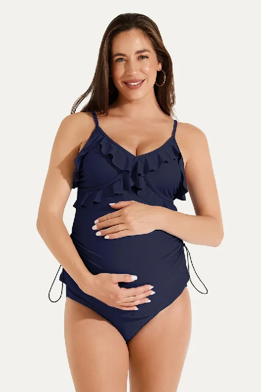 Two Piece V-Neck Ruffle Front Maternity Tankini Dress