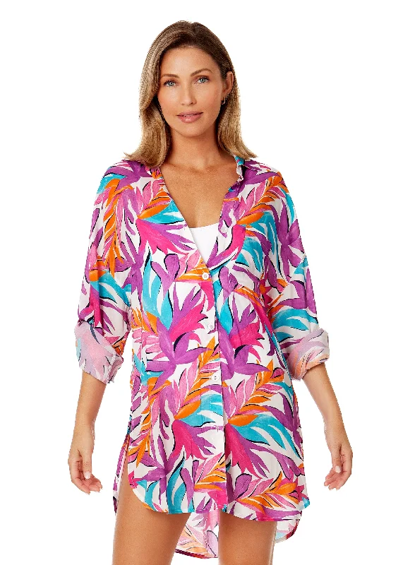 Women's Dance Floor Palm Button Down Shirt Swimsuit Cover Up