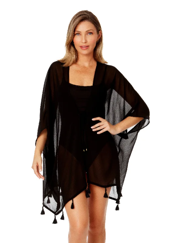 Women's Live In Color Tie Front Kimono With Tassel Cover Up