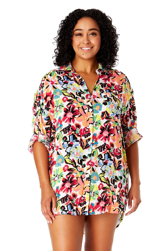 Women's Plus Size Sun Blossom Button Down Shirt Swimsuit Cover Up